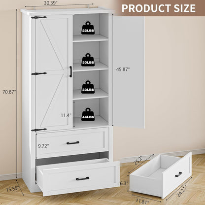 Pantry Organizers and Storage Cabinet, 71” Barn Door White Kitchen Cabinet with Drawers and Adjustable Shelf, Tall Pantry for Kitchen, Dining Room, Living Room. Bathroom and Office