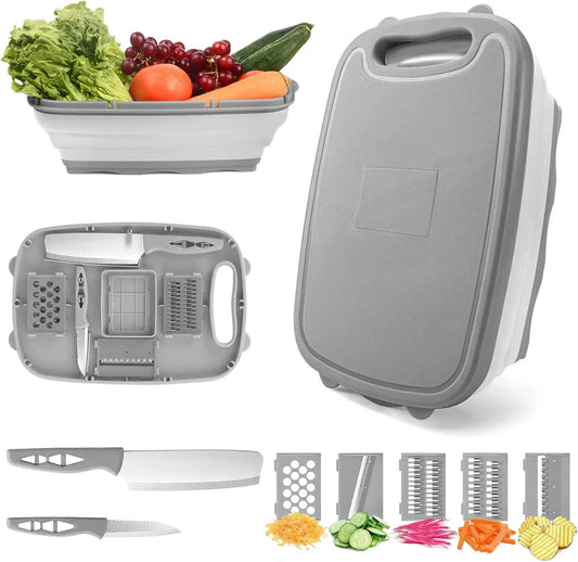Collapsible Cutting Board with Colander, 9-In-1 Multi Chopping Board Kitchen Vegetable Washing Basket for Camping Gifts Camping Accessories for RV Campers