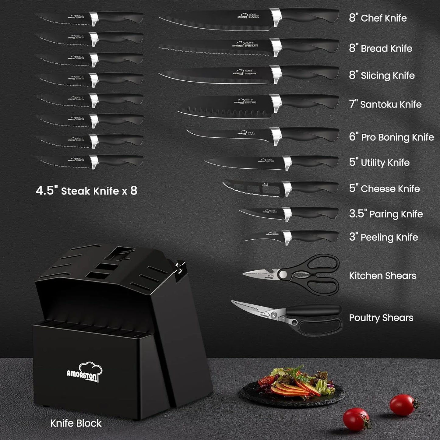 Knife Set,  21 Pieces Kitchen Knife Set with Block and Sharpener, Ultra-Sharp Knives Set with Ergonomic Handles, Black German Stainless Steel Knife Block Set, Dishwasher Safe