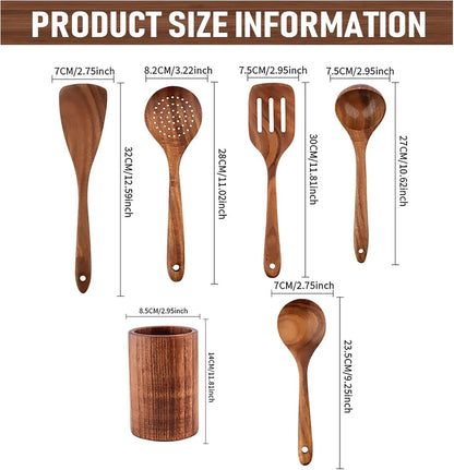 6 PCS Wooden Cooking Utensils Set, Wooden Spoons for Cooking, with Utensils Holder, Comfort Grip, Ideal for Nonstick Cookware