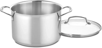Stainless steel stockpot with glass lid, ideal for cooking and simmering soups, stews, and pasta.