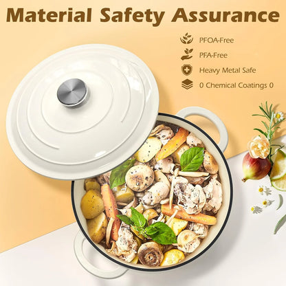 Enameled Cast Iron Dutch Oven -  5QT Pot with Lid & Cotton Potholders - Heavy-Duty Cookware for Bread Baking, Braising, Stews, Roasting(Cream White)