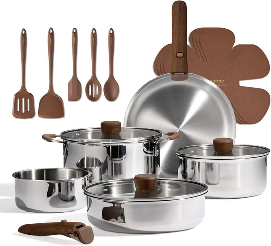 19Pcs Stainless Steel Cookware Set with Detachable Handle, Pots and Pans Set, Induction Kitchen Cooking Sets, Rv/Camping Cookware, Removable Handle, Oven Safe, Woodgrain