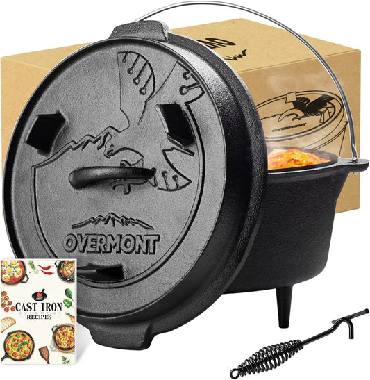 Camp Dutch Oven Pre Seasoned Cast Iron Lid Also a Skillet Casserole Pot with Lid Lifter for Camping Cooking BBQ Baking 6Qt(Pot+Lid)