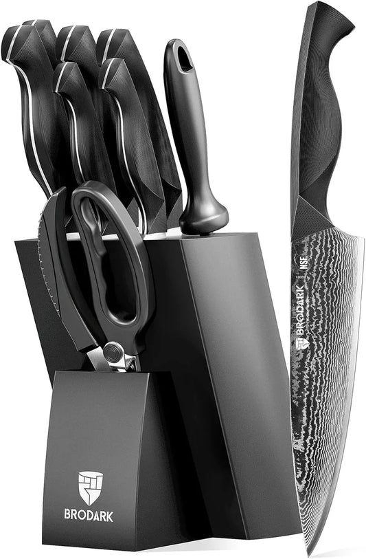 Knife Set, Damascus Kitchen Knife Set with Block, 9 Pieces Sharp Professional Japanese Chef Knives with Ergonomic Full-Tang ABS Handle for Home, Restaurant -Christmas Gift, Dark Horse Series