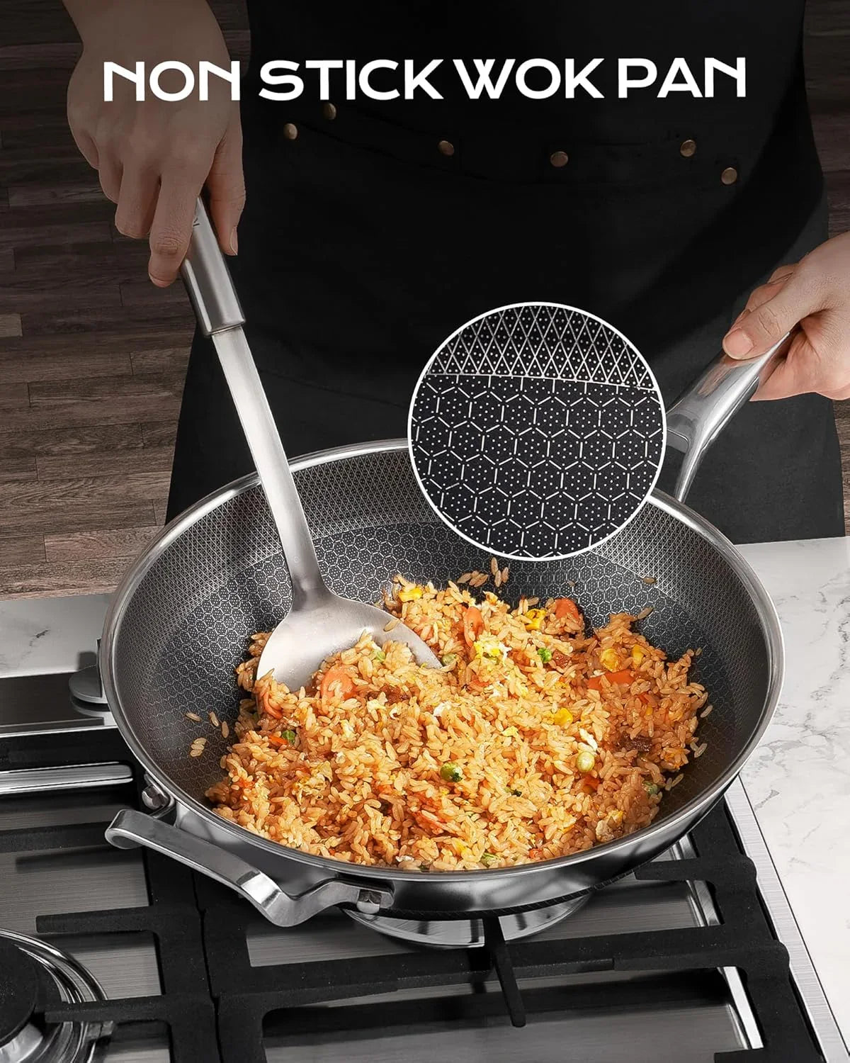 Wok Pan,13 Inch Hybrid Wok with Lid,Pfoa Free Cookware,Non Stick Stainless Steel Woks & Stir-Fry Pans Nonstick, Dishwasher and Oven Safe, Works on Induction