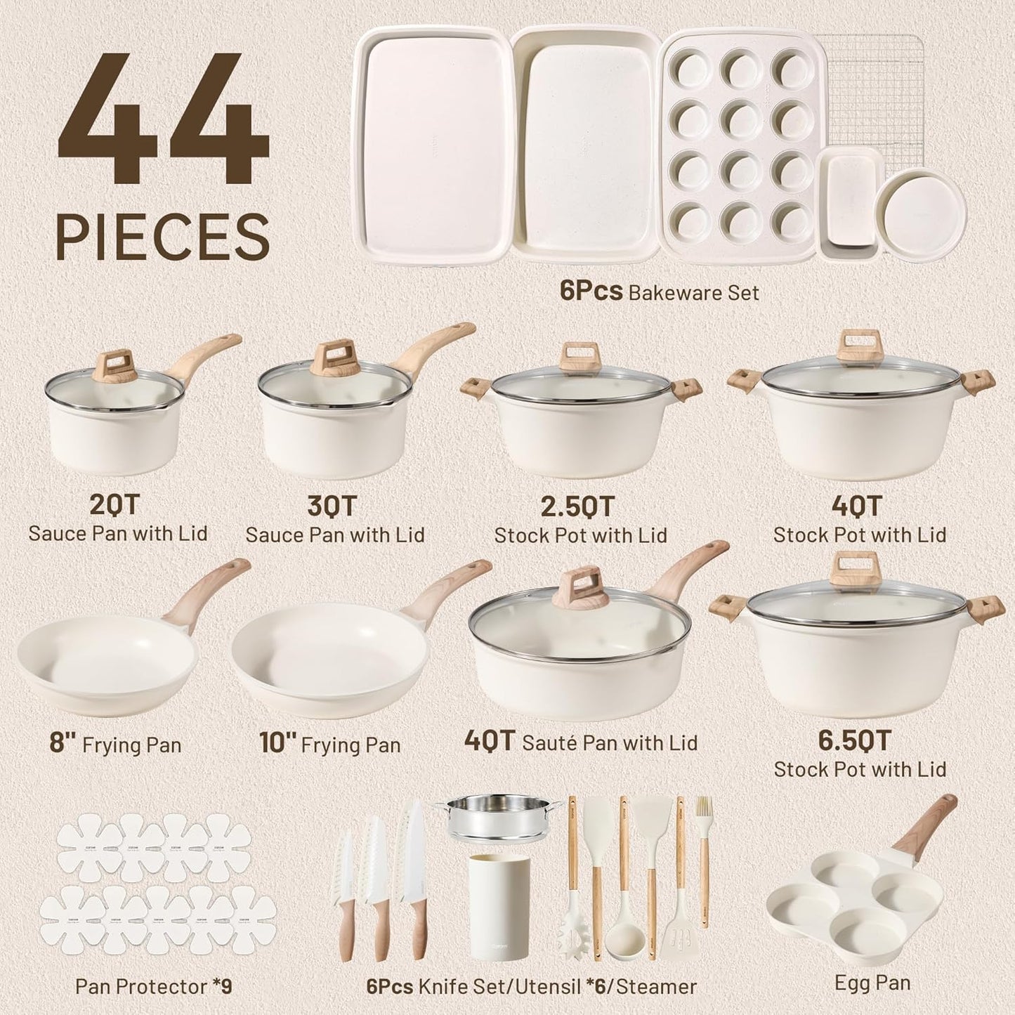 44Pcs Pots and Pan Set Nonstick, Cookware Sets, Cooking Set Non Stick, Induction Cook Ware with Bakeware Set, Kitchen Knife Set
