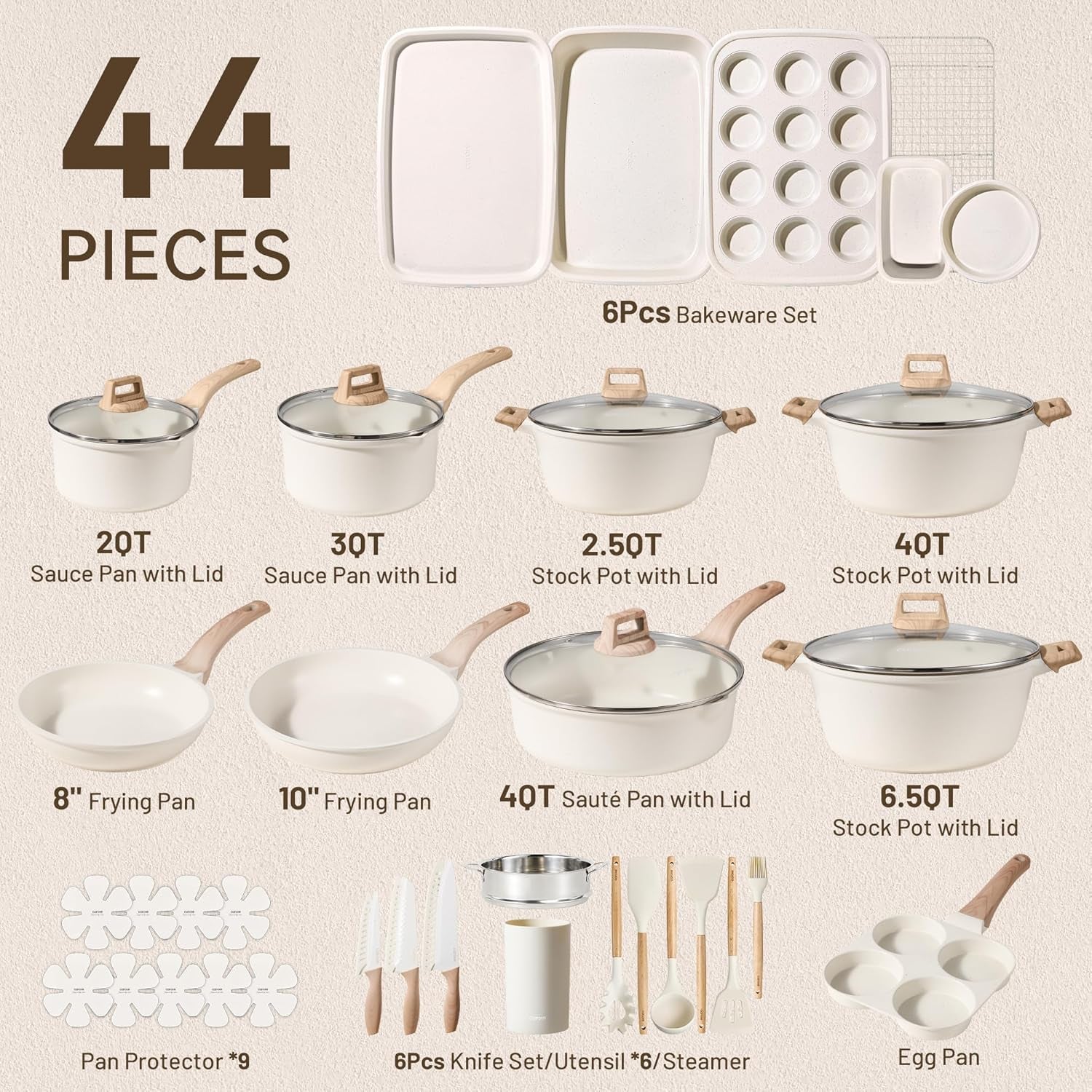 44Pcs Pots and Pan Set Nonstick, Cookware Sets, Cooking Set Non Stick, Induction Cook Ware with Bakeware Set, Kitchen Knife Set