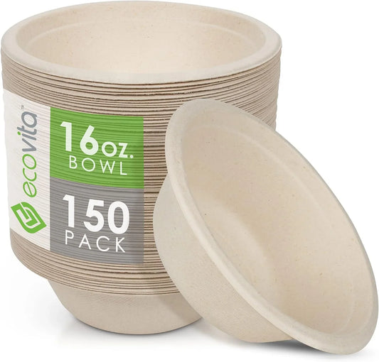 100% Compostable Paper Bowls [16 Oz.] – 150 Disposable Bowls Eco Friendly Sturdy Tree Free Liquid and Heat Resistant Alternative to Plastic or Paper Bowls