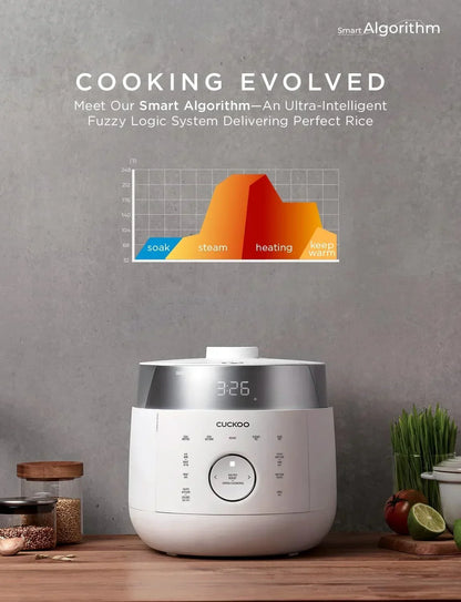 Cuckoo rice cooker with Smart Algorithm for perfect rice, featuring digital display and cooking stages