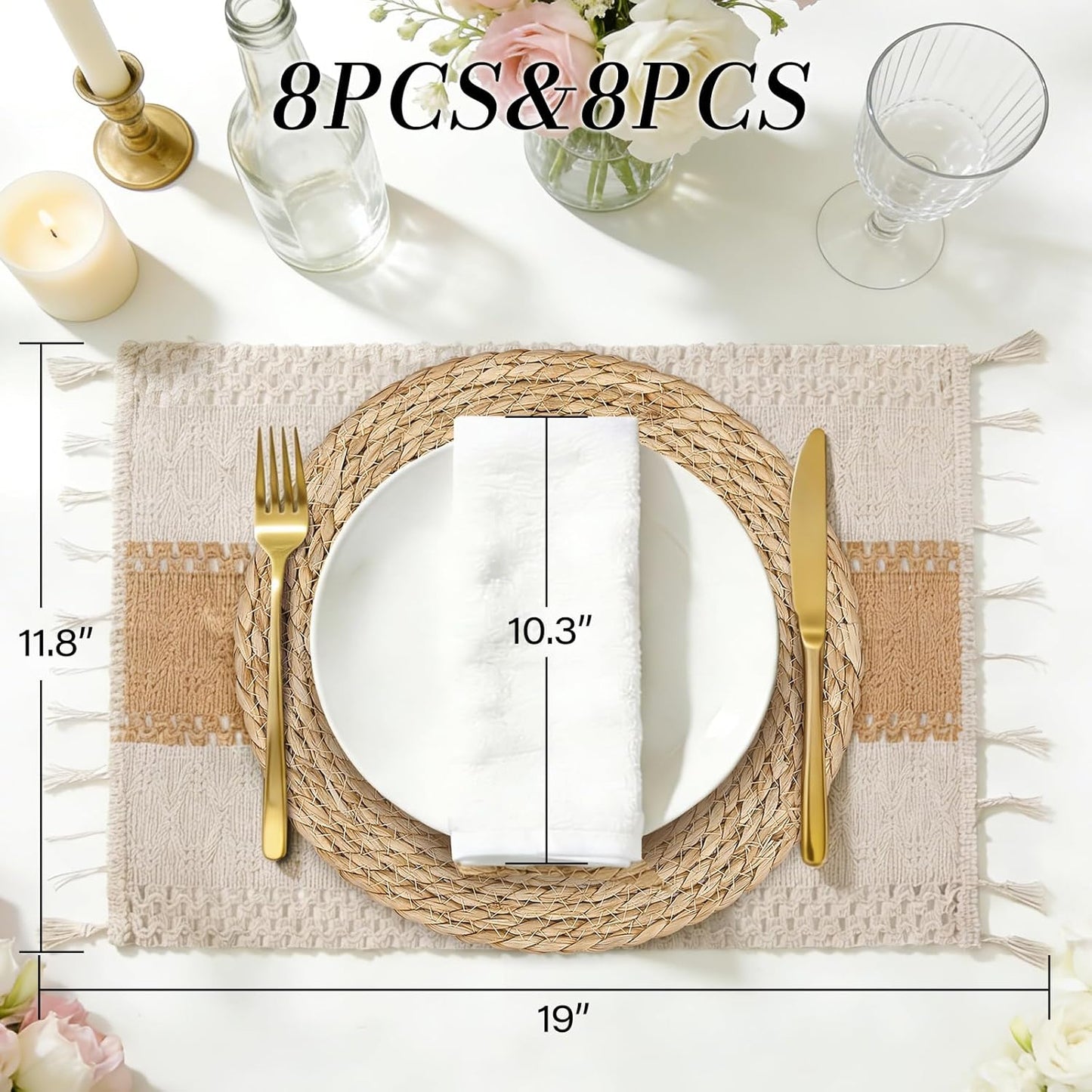 Placemats Set of 8 - Rattan round Place Mats & 11.8” X 17” Cotton Braided Placemat for Dining Table Setting, Rustic Farmhouse Boho Wedding Decor, Wicker Woven Charger Dinner Plates, 16Pcs
