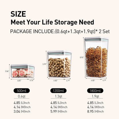 Pop Food Storage Containers Set, 6Pcs Airtight Containers with Lids for Kitchen Pantry Organizers and Storage,One Button Opening Bpa-Free Food Containers for Cereal Flour Sugar(0.6, 1.3, 1.9Qt)*2