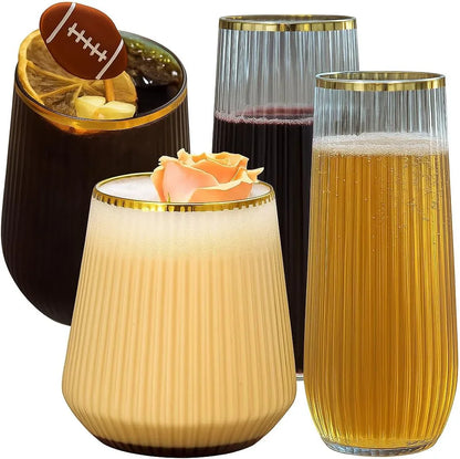 48 Pack Ribbed Origami Ripple Plastic Glasses, 24 9 Ounce Stemless Champagne Flutes & 24 12 Ounce Cups, Bpa-Free Disposable Shatterproof Toasting Glasses for Weddings Bars Events (Gold Rim)