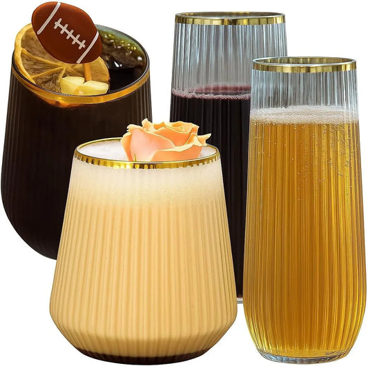 48 Pack Ribbed Origami Ripple Plastic Glasses, 24 9 Ounce Stemless Champagne Flutes & 24 12 Ounce Cups, Bpa-Free Disposable Shatterproof Toasting Glasses for Weddings Bars Events (Gold Rim)