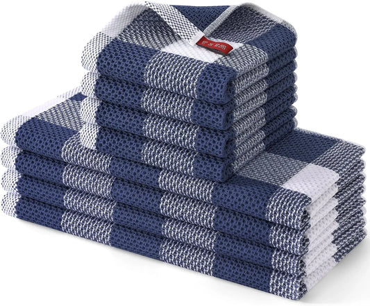Kitchen Towels and Dishcloths Set, 12 X 12 and 13 X 28 Inches, Set of 8 100% Cotton Waffle Weave Check Plaid Kitchen Dish Towels, Super Soft and Absorbent Dish Cloths, White & Navy Blue