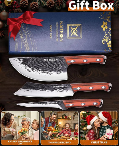 3PCS Hand Forged Butcher Knife Set, Very Sharp Meat Knife Serbian Chef Knife Boning Knife for Meat Cutting Kitchen Cooking BBQ Gifts for Men Father
