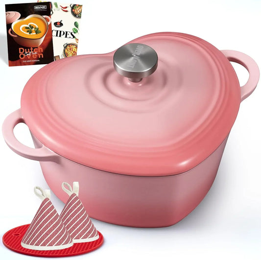 Enameled Cast Iron Dutch Oven - Heart-Shaped Pot with Lid Cookbook & Cotton Pot Holders - Mini Cookware Oven Safe to 500°F for Sourdough Baking Soups Stews - Great Gift for Birthday Wedding Housewarming 2QT Pink