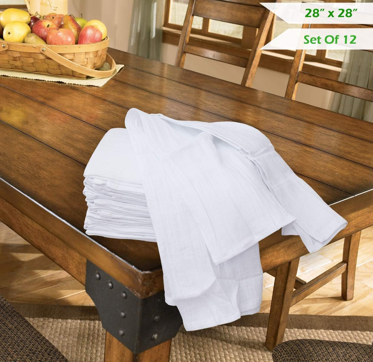 Flour Sack Kitchen Towels (White,12 Pack) 100% Cotton,28X28 Inch Cloth Napkin, Bread Wrapper, Cheesecloth, Multi Purpose Kitchen Dish Towels,Bar Towels, Extremely Absorbent & Sturdy by