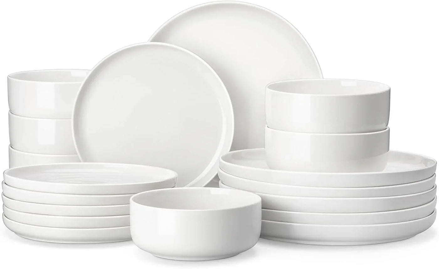 Plates and Bowls Sets, 18 Pieces Porcelain Dinnerware Sets Dishware Sets Chip Resistant Ceramic Dish Set Dining Dinner Ware Service for 6, White, Series LUNA