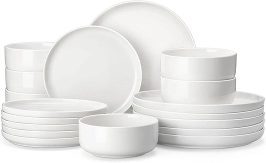 Plates and Bowls Sets, 18 Pieces Porcelain Dinnerware Sets Dishware Sets Chip Resistant Ceramic Dish Set Dining Dinner Ware Service for 6, White, Series LUNA