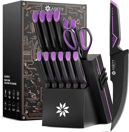Knife Set - 15 PCS Kitchen Knife Set with Built-In Knife Sharpener Block - Stainless Steel Knife Block Set - Dishwasher Safe, Elegant Box for Men Women