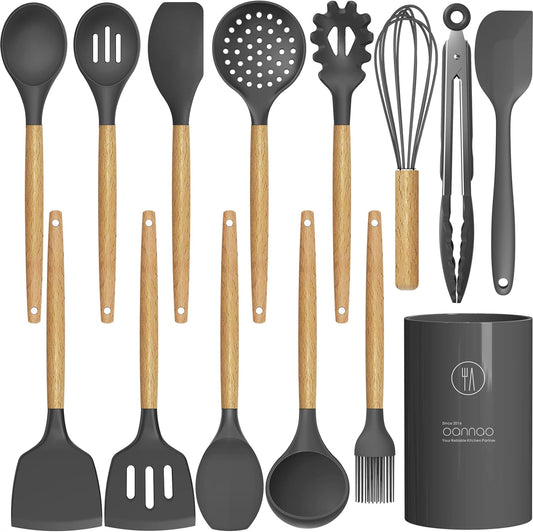 Silicone Cooking Utensils Kitchen Utensil Set - 446°F Heat Resistant Silicone Kitchen Utensils Set, Spatula,Turner Tongs, Spoon, Whisk,Kitchen Gadgets for Nonstick Cookware, BPA Free (Gray)