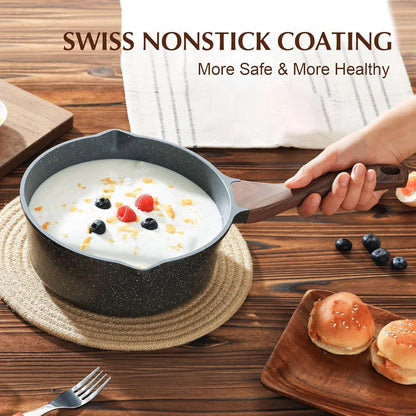 Nonstick Sauce Pan with Double Spout, 3.0 Quarts Swiss Granite Coating Sauce Pot with Lid Medium Kitchen Cooking Pot, Induction Comptable Saucepan, Free of Intentionally Added PFOA