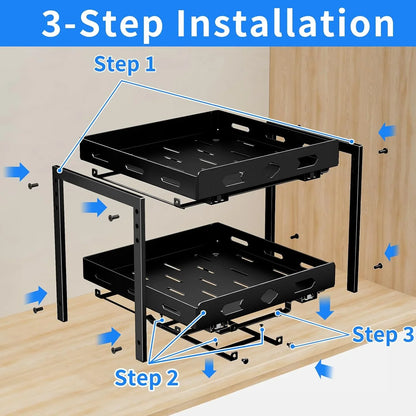 Pull Out Spice Rack Organizer for Cabinet, 2 Tier Cabinet Spice Rack Organizer, Height Adjustable Vertical Spice Rack for Kitchen Cabinet (11.9''Wx10.8''Dx9.2''H, Metal Black)