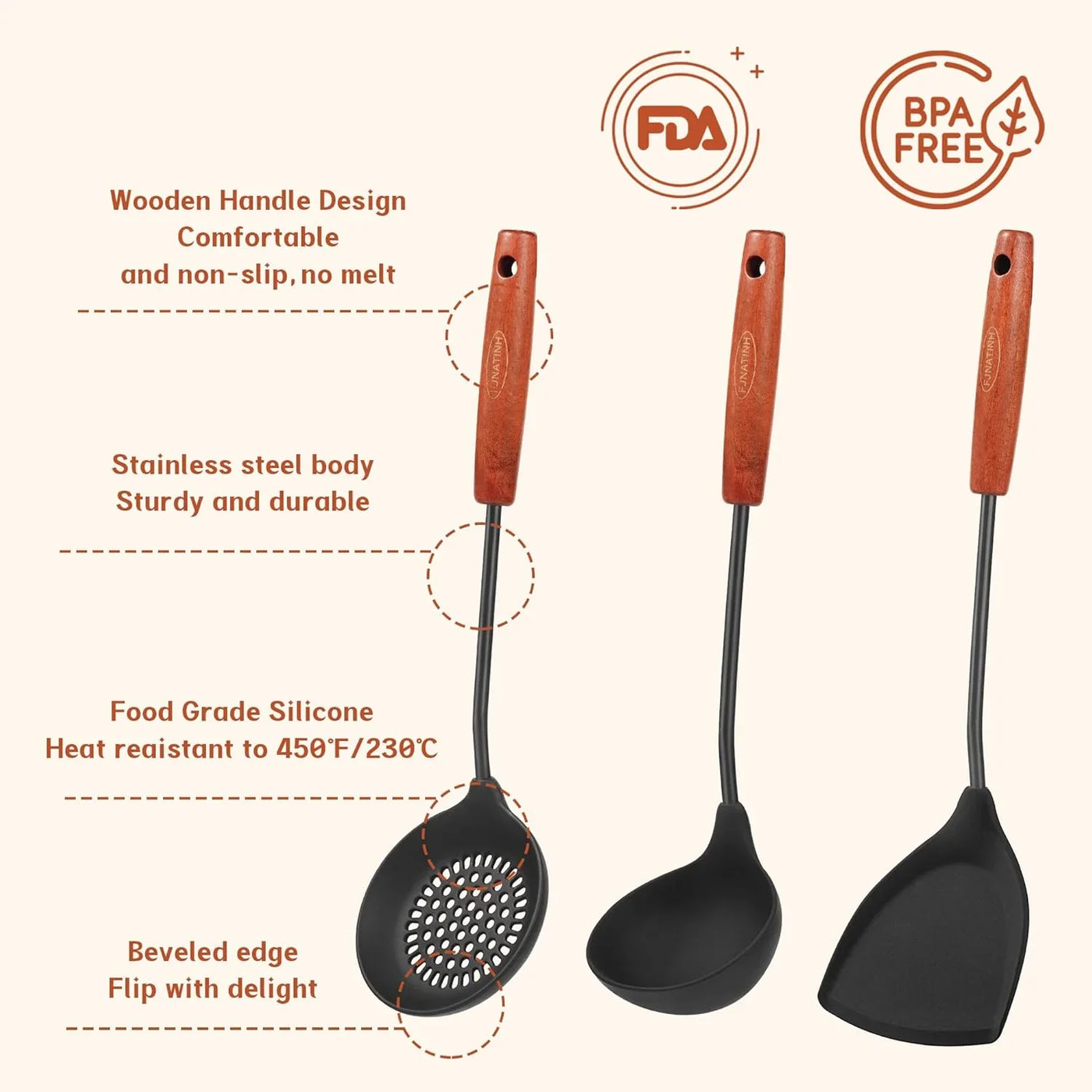 Wok Tools, Wok Utensil,Wok Spatula,Ladle,Skimmer Tool Set,Non Stick Heat-Resistant Silicone Cooking Utensils BPA Free Kitchen Utensils Cookware, Pack of 3,Black