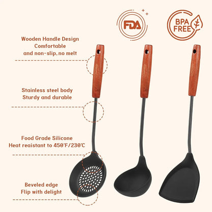 Wok Tools, Wok Utensil,Wok Spatula,Ladle,Skimmer Tool Set,Non Stick Heat-Resistant Silicone Cooking Utensils BPA Free Kitchen Utensils Cookware, Pack of 3,Black