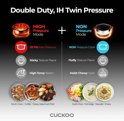 Double Duty IH Twin Pressure cooker modes: High Pressure for sticky textures, Non-Pressure for fluffy dishes like sushi rice, porridge, pasta