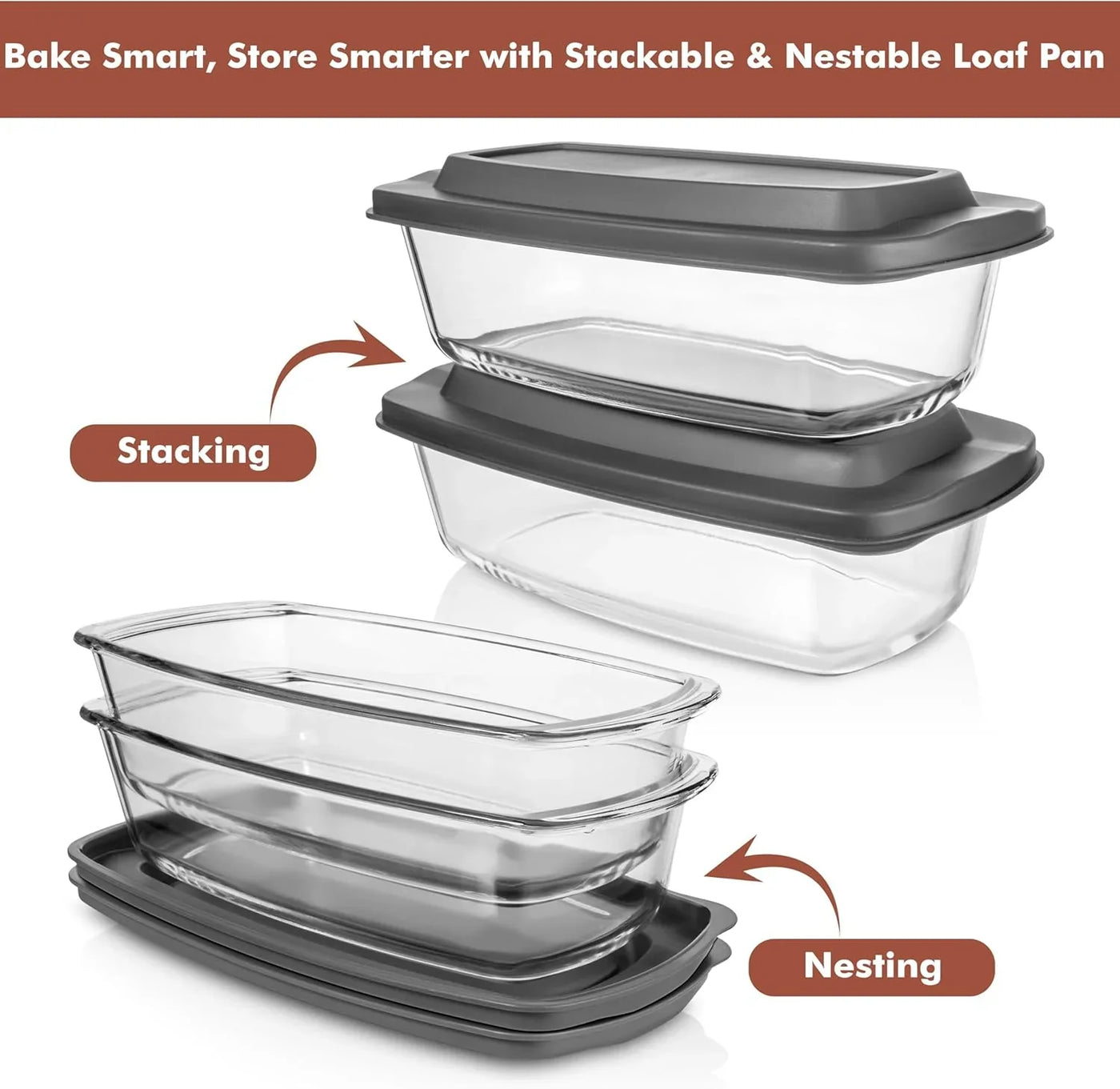 LARGE 7.6 Cups/1800 ML/1.9 Qt Glass Loaf Pan with Lids (Set of 2) - Meatloaf Pan BPA Free Airtight Lids Grip Handle Easy Carry, Microwave and Oven Safe - Loaf Pans for Baking Bread, Cakes