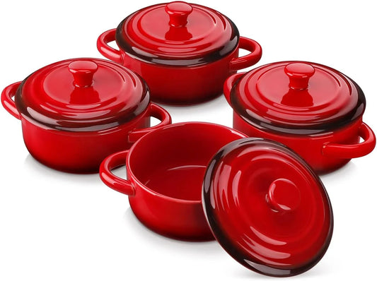Mini Cocotte Set,12 OZ Small Casserole Dishes with Lids, Soup Bowls with Handles,Individual Baking Ramekins,Oven, Microwave & Dishwasher Safe,Set of 4,Red