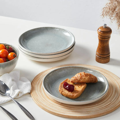 Gradient Green Stoneware Dinnerware Sets, 12 Pcs Reactive Glaze Plates and Bowls Sets, Handmade Ceramic round Dishes Set for 4, Highly Chip and Crack Resistant Modern Plate Set