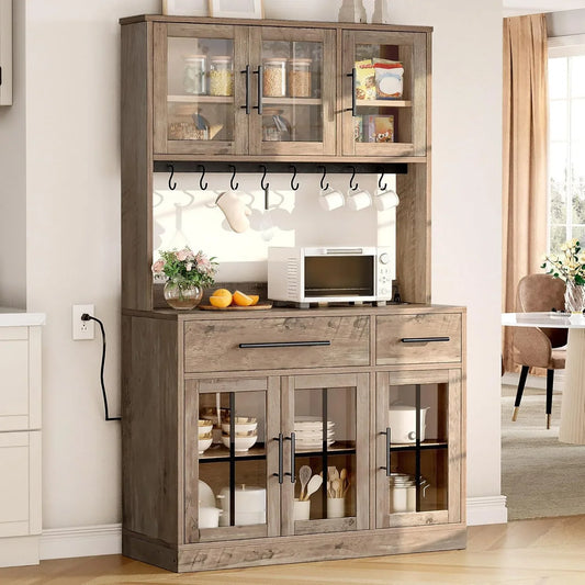 71" Farmhouse Kitchen Pantry Storage Cabinet with Power Outlet, Freestanding Glass Door Display Pantry Hutch with Microwave Stand & Adjustable Shelves & Large Countertop for Home, Lvory Grey