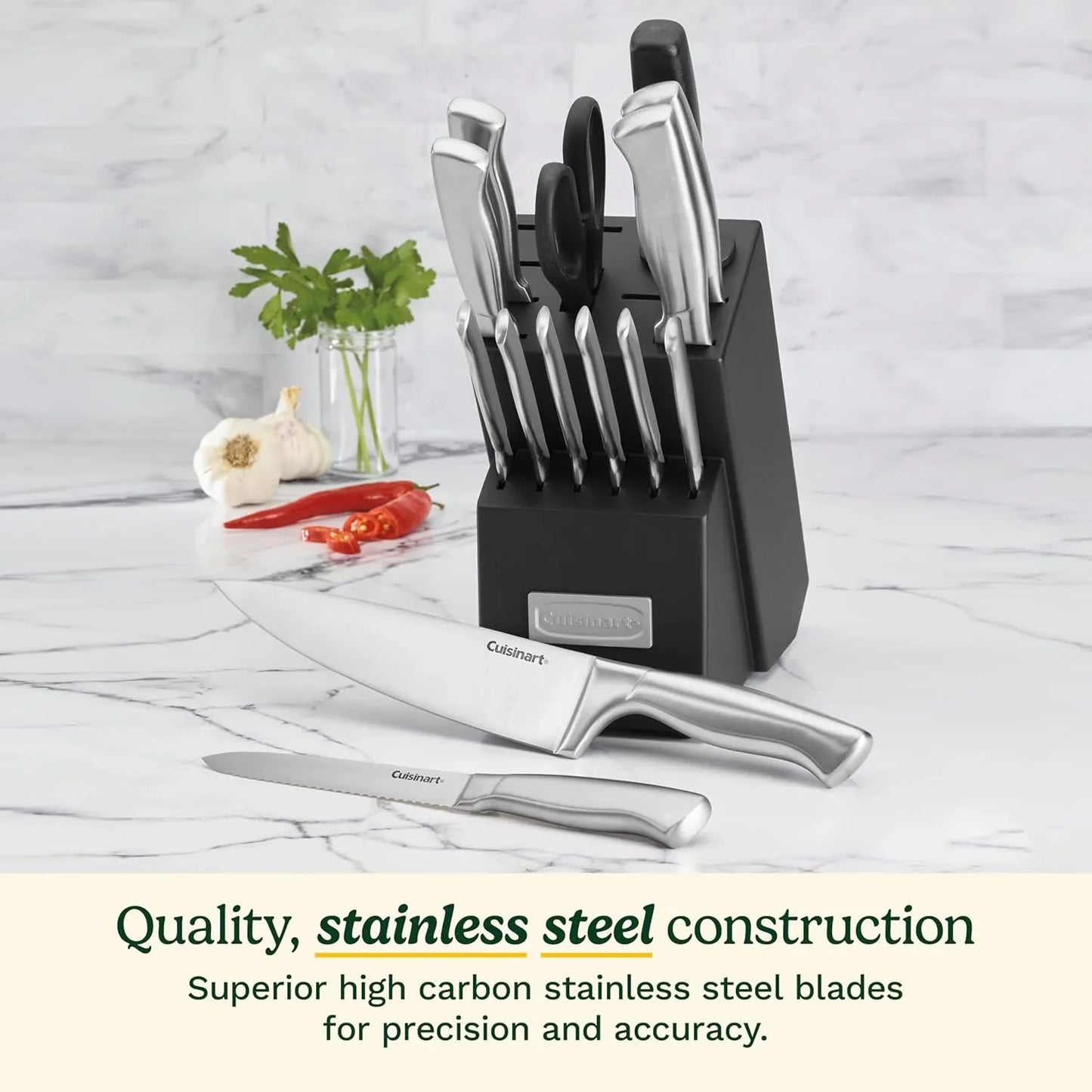 Stainless Steel Hollow Handle 15-Piece Cutlery Block Set, Kitchen Knife Set with Steel Blades for Precise Cutting, Durable Knives with Ergonomic Handles, C77SS-15PK