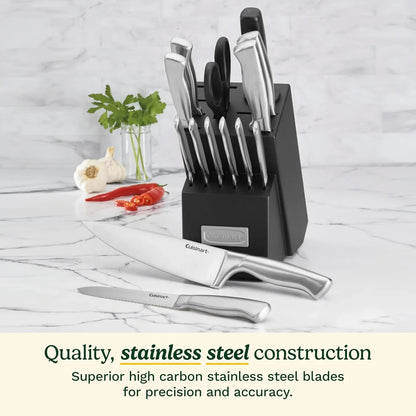 Stainless Steel Hollow Handle 15-Piece Cutlery Block Set, Kitchen Knife Set with Steel Blades for Precise Cutting, Durable Knives with Ergonomic Handles, C77SS-15PK