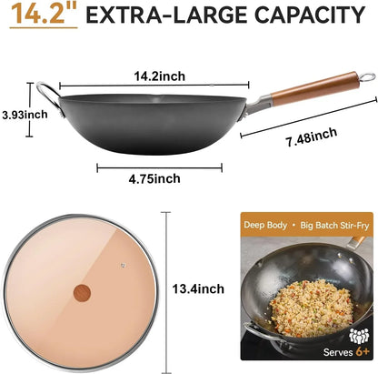 14.2-inch extra-large wok with deep body, glass lid, perfect for big batch stir-fry, serves 6+
