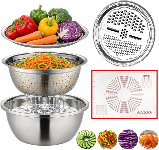 3-In-1 Kitchen Set-Thickened 304 Stainless Steel Mixing Bowls with Grater Bowl,Fast Prep Slicer,Grating & Slicing Bowl,Nesting Design,Dishwasher Safe,For Mixing,Straining&Slicing 11IN (Large Size)