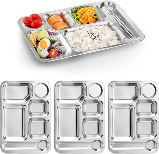4 Pack Stainless Steel Rectangular Divided Dinner Tray, 6 Sections Stainless Steel Metal Plate for Adults, Picky Eaters, Campers, and Portion Control