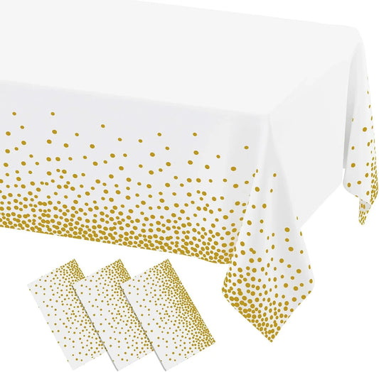 3 Packs Dot Disposable Table Cloth, 54 X 108 Inch Waterproof Plastic Tablecloth, Rectangle Gold Dots in White Table Covers for Picnic, Birthday, Party