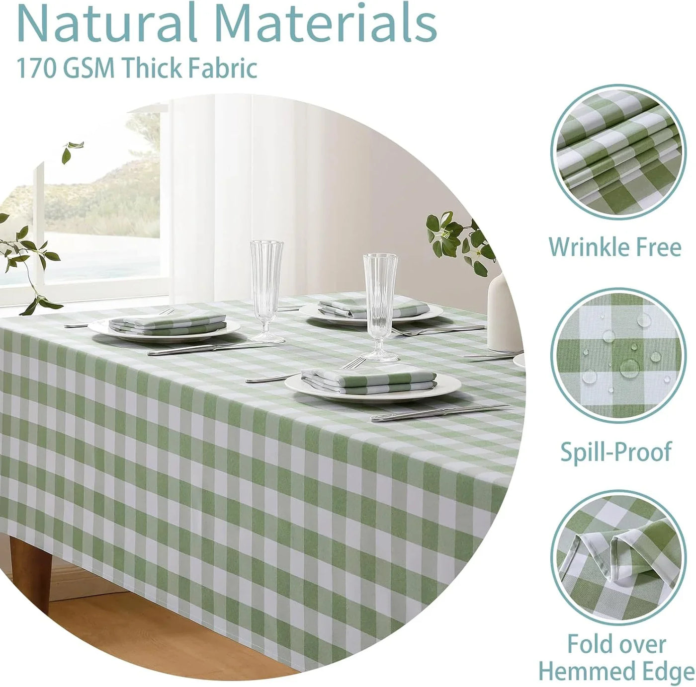Checkered Tablecloth Rectangle Waterproof Gingham Table Cloth Washable Buffalo Plaid Table Cover Wrinkle Free for Kitchen, Dining and Outdoor Picnic, 60 X 120 Inch, Sage Green and White