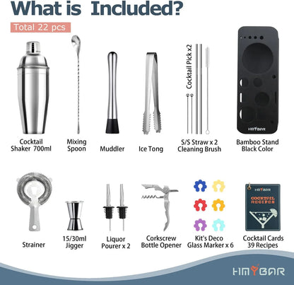 ® 22-Pc Cocktail Shaker Set(24Oz/700Ml) | Mixology Bartender Kit | Bar Tool Set | Martini Making Set with 39-Recipe Cocktail Cards & Kit'S Deco, Bamboo Stand Black Color, Silver Tools