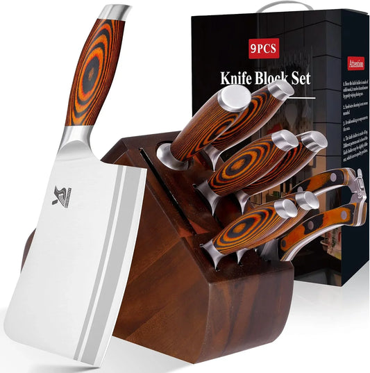9Pcs Knife Block Set, German Steel Kitchen Knife Set with Bone Chopper, Precious Pakkawood Handle for Chef Knife Block Set