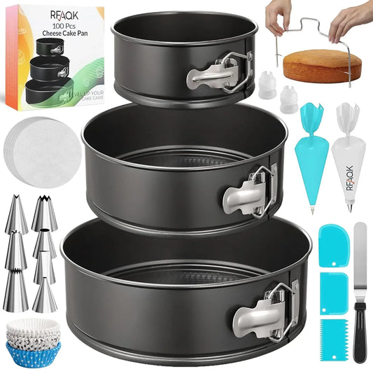 100Pcs Cake Pan Sets for Baking + Cake Decorating Supplies: 3 Non-Stick Springform Pans Set (4, 7, 9 Inches), Icing Tips, Cake Leveler – Multi-Functional Leak-Proof Cheesecake Pan & Ebook