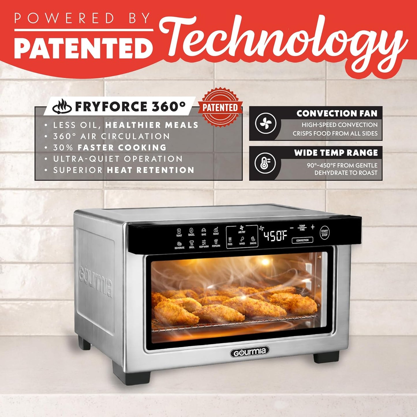 Toaster Oven Digital Air Fryer - Convection Mode with 4 Slice Capacity, 3 Rack Positions, 12 Presets, Toast, Bagel, Bake, Roast, Broil, Dehydrate, Popcorn, Fits 9" Pizza, Stainless Steel