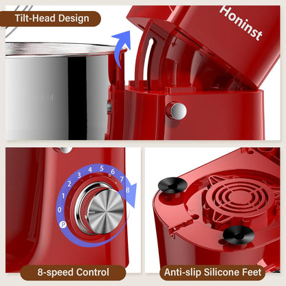 Stand Mixer, 3-In-1 8-Speed 660W 6.5QT Tilt-Head Food Mixer, Electric Mixer with Bowl, Dough Hook, Whisk and Beater, Kitchen Mixer for Baking, Cake and Most Home Cooks, Red