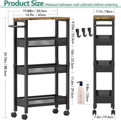 Utility Slim Storage Cart with Wheels, 4 Tier Small Rolling Cart with Wood Top, Metal Kitchen Bathroom Laundry Room Organization Trolley with Handle for Narrow Space – Black