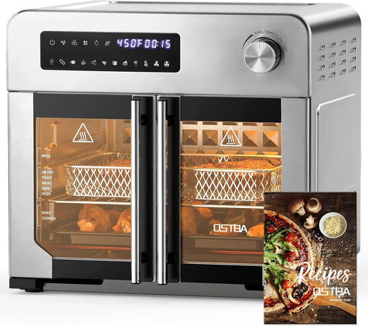 French Door Air Fryer Toaster Oven Combo, 24 QT Extra Large Capacity 10-In-1 Airfryer Oven, 30% Faster 90% Less Oil, 102 Recipes & 7 Accessories, Stainless Steel