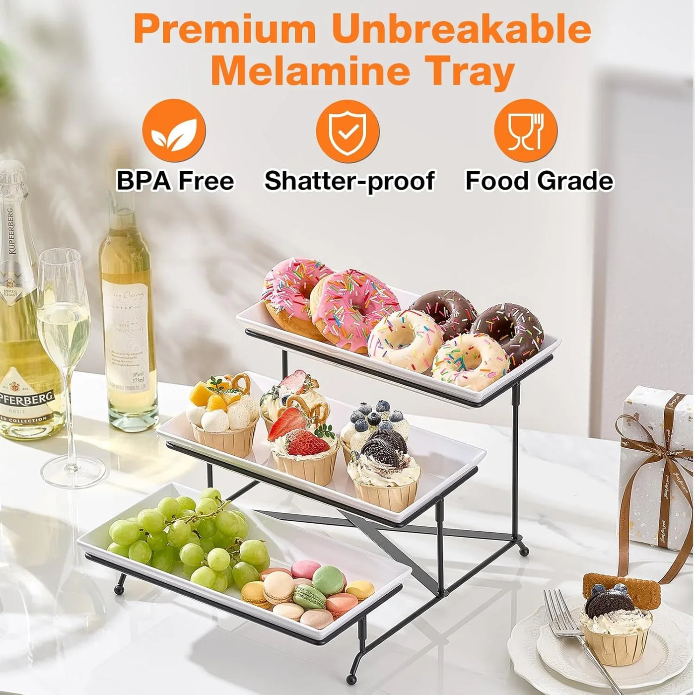 3 Tier Serving Tray Set, 12" Tiered Serving Trays Platters, Reusable Serving Tray for Party, Collapsible Sturdier Stand with Stable Cross Bars, Serving Platters for Veggie, Fruit, Dessert